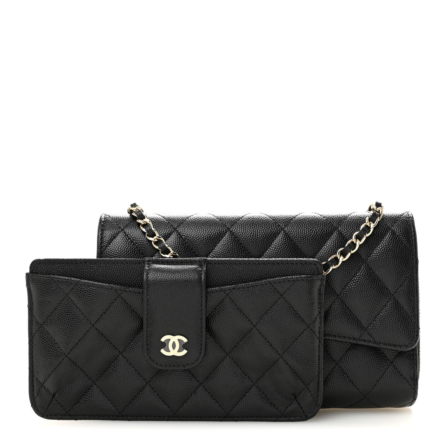 Caviar Quilted Phone Holder Wallet on Removable Chain Black
