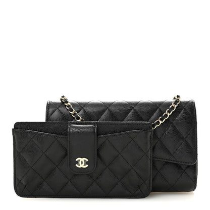 Caviar Quilted Phone Holder Wallet on Removable Chain Black