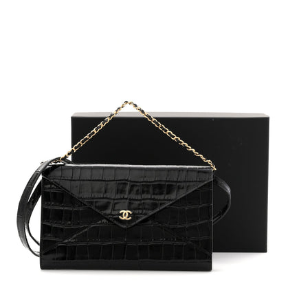 Calfskin Crocodile Embossed Clutch With Chain Black
