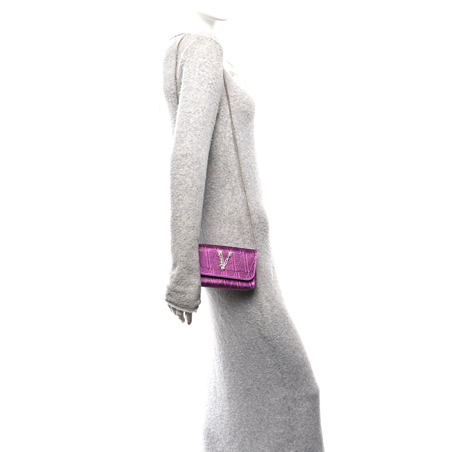 Satin Crystal Virtus Chain Clutch Purple