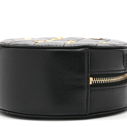 Lambskin Quilted Egyptian Amulet Round Clutch With Chain  Black
