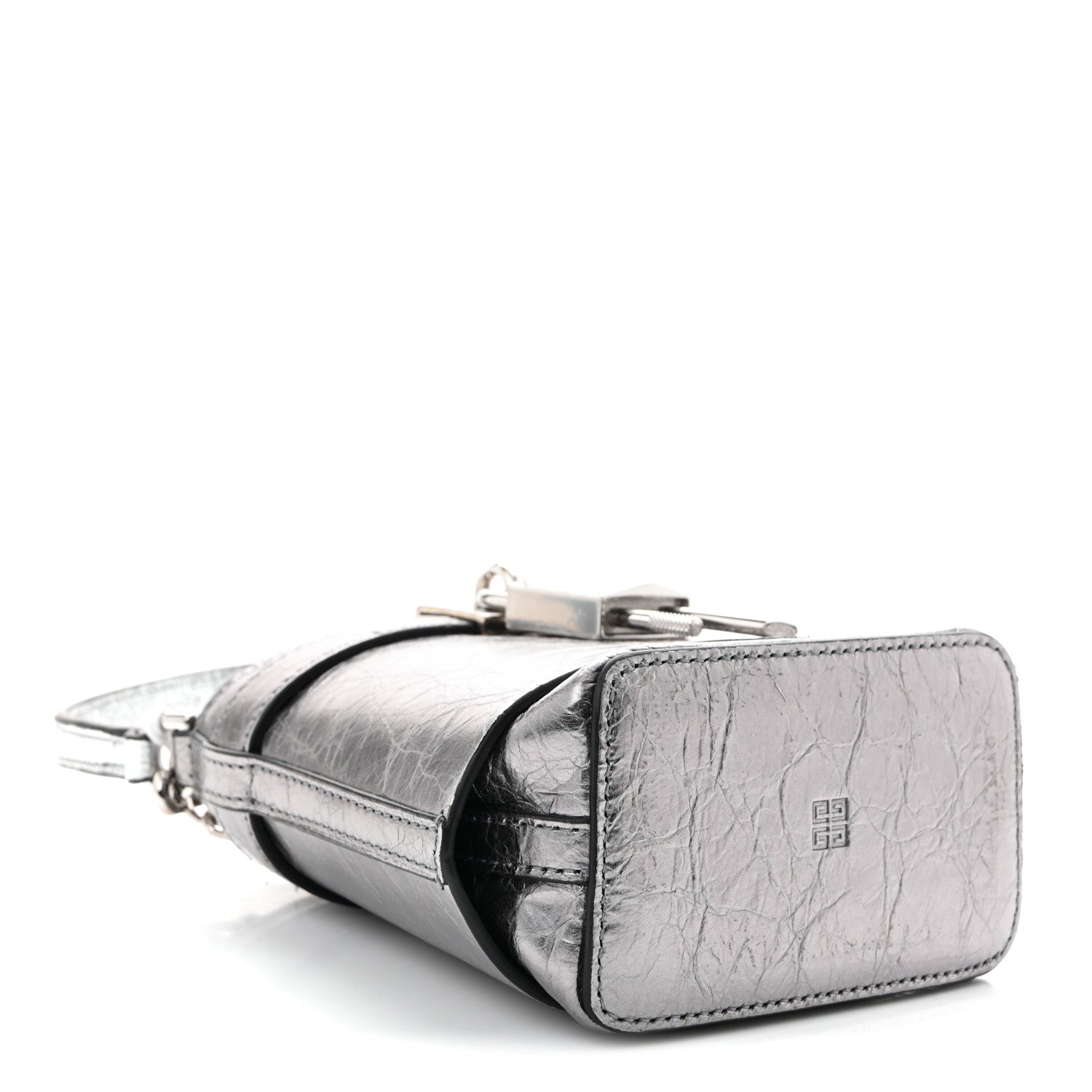 Laminated Lambskin Micro Shark Lock Bucket Bag Silvery Grey