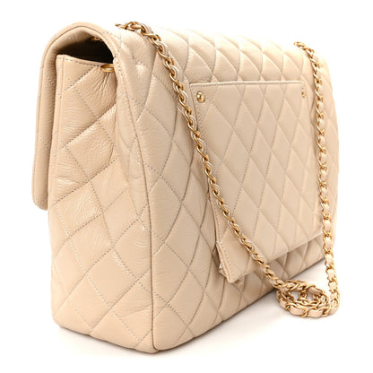 Grained Calfskin Quilted XXL Travel Flap Bag Beige