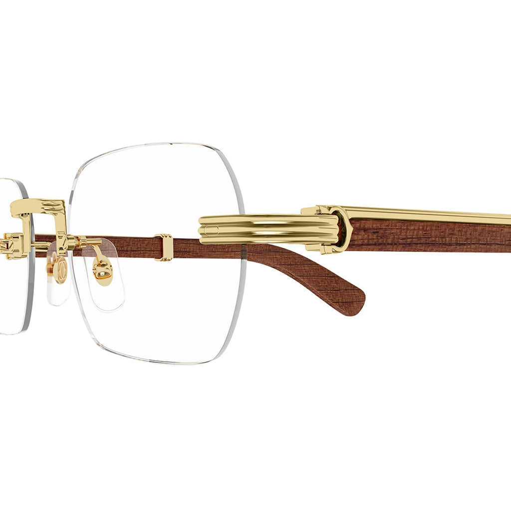 Cartier Eyewear Premiere CT0485O-002 Transparent Gold Brown Wood Rimless Sunglasses