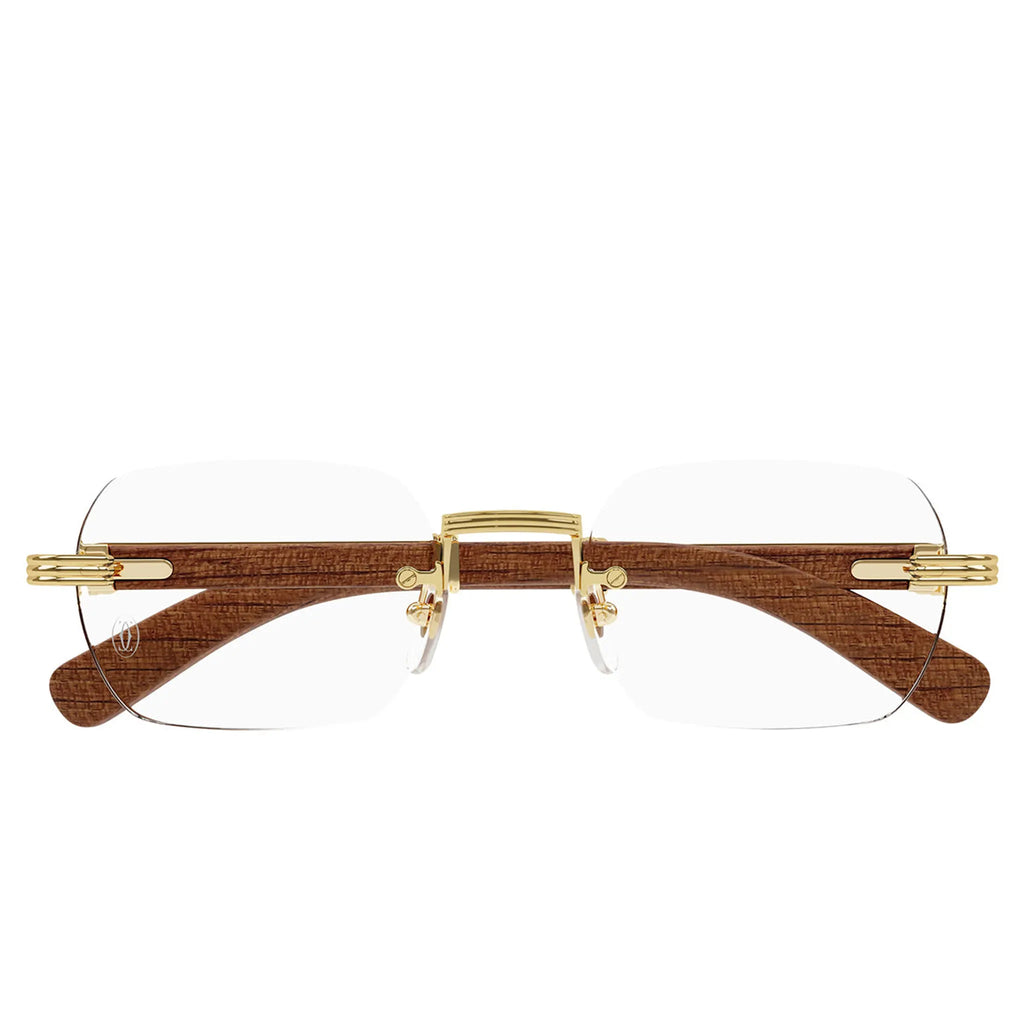 Cartier Eyewear Premiere CT0485O-002 Transparent Gold Brown Wood Rimless Sunglasses