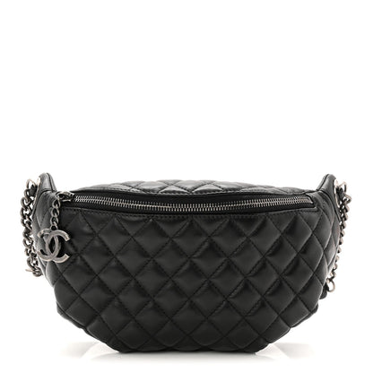 Lambskin Quilted Banane Waist Bag Fanny Pack Black