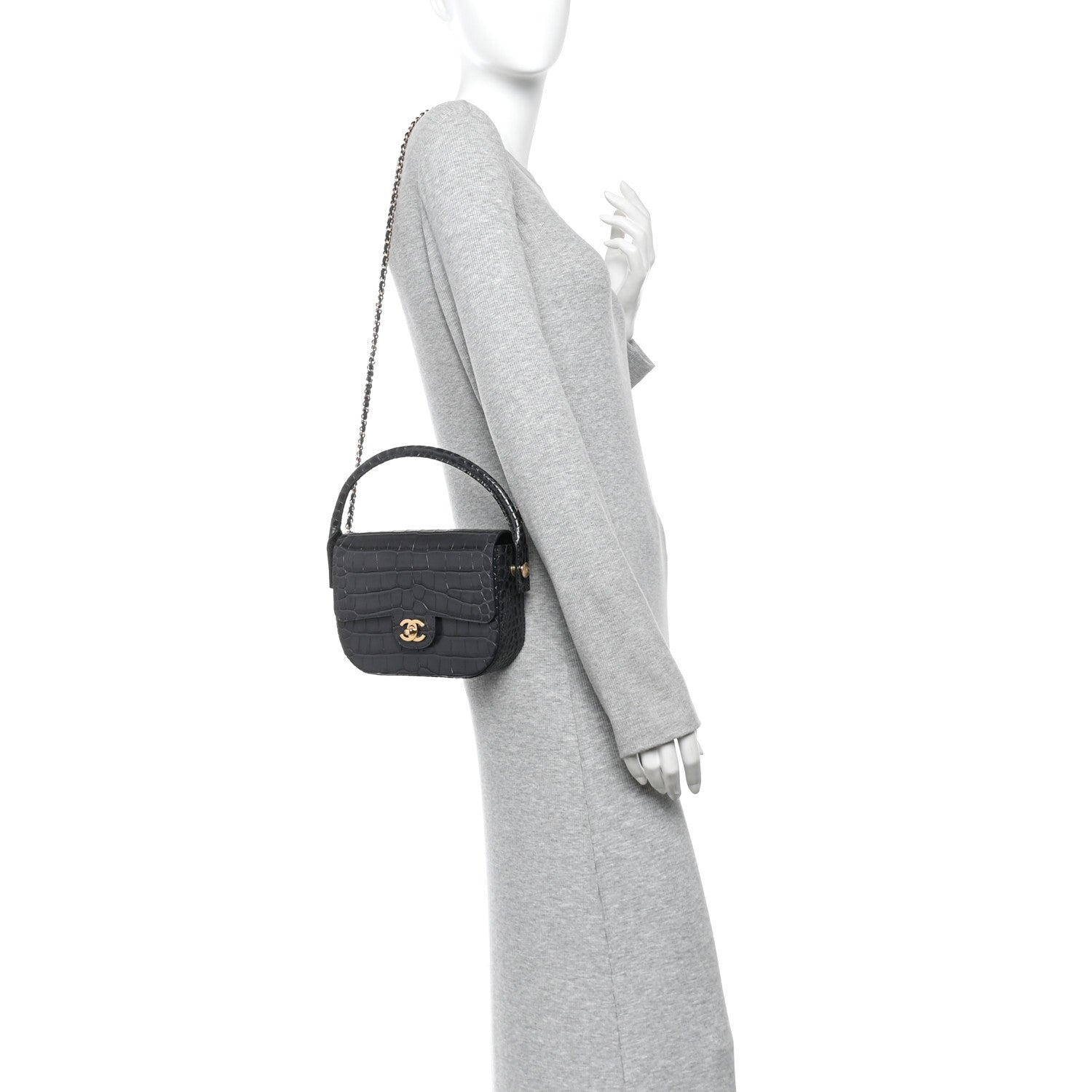 Calfskin Crocodile Embossed Turn Around Mini Flap Dark Grey Dark Grey