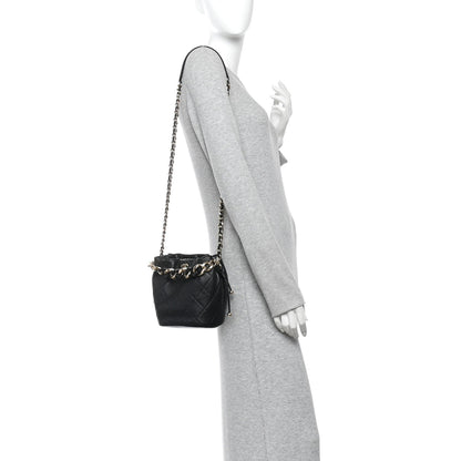 Lambskin Quilted Resin Bi-Color Chain Bucket Bag Black