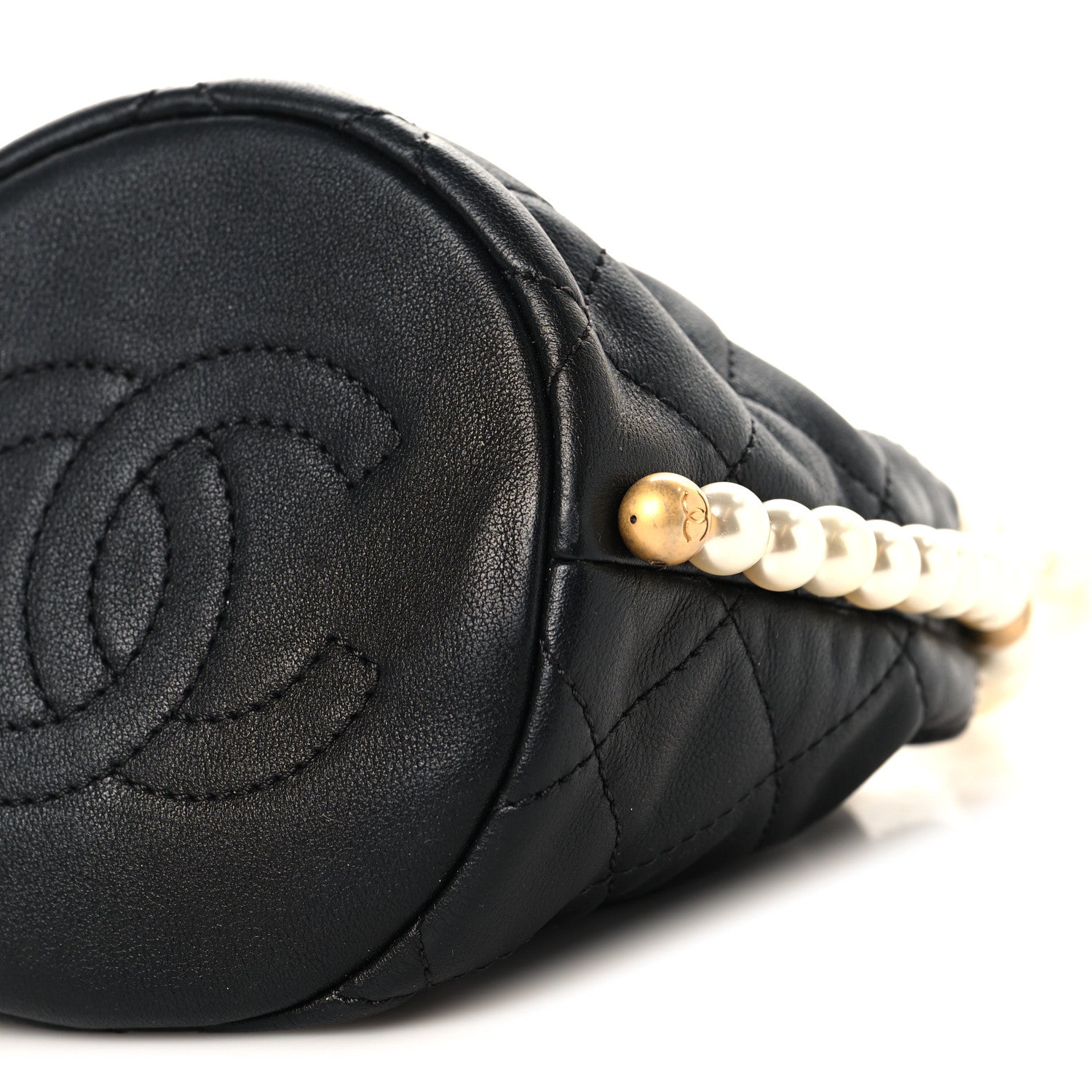 Calfskin Quilted Pearl Mini About Pearls Drawstring Bucket Bag Black