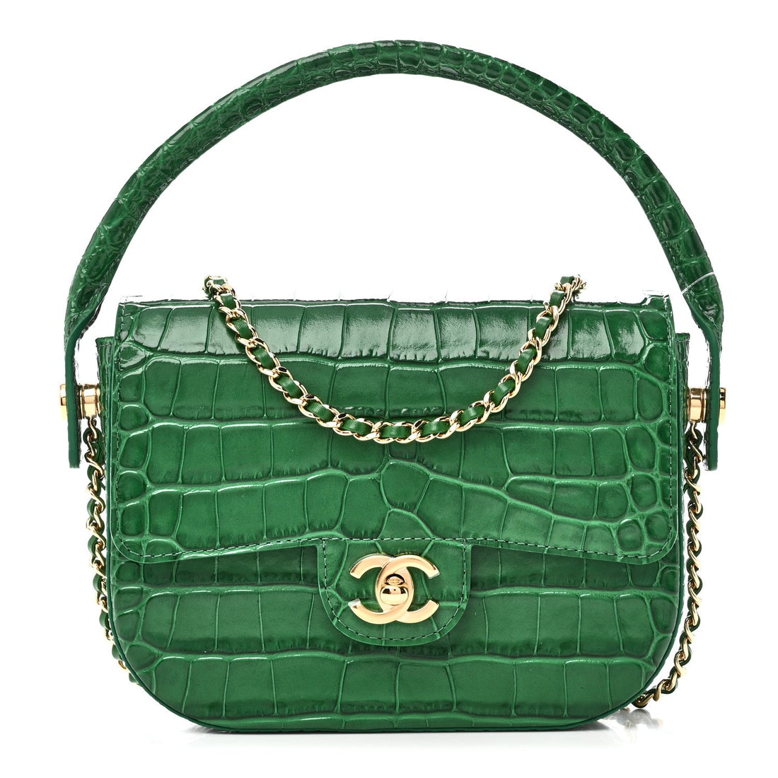 Calfskin Crocodile Embossed Turn Around Mini Flap Emerald