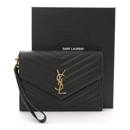 Grain De Poudre Matelasse Chevron Monogram Envelope Clutch Black