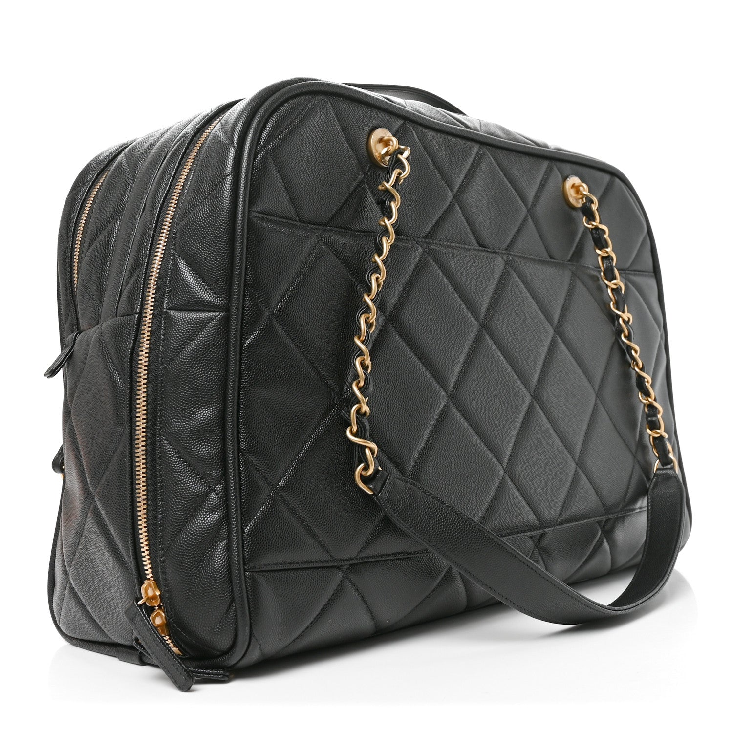 Shiny Grained Calfskin Quilted Travel Bowling Bag Black