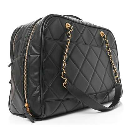 Shiny Grained Calfskin Quilted Travel Bowling Bag Black