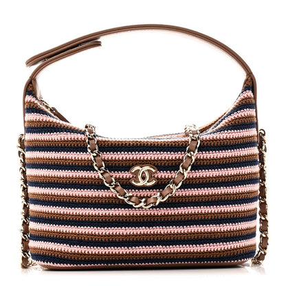 Crochet Lambskin Coco Crochet Hobo Clutch With Chain Brown Pink Navy