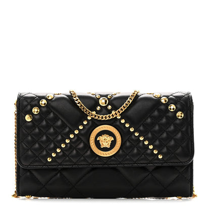 Lambskin Studded Quilted Medusa Wallet on Chain Crossbody Black Gold