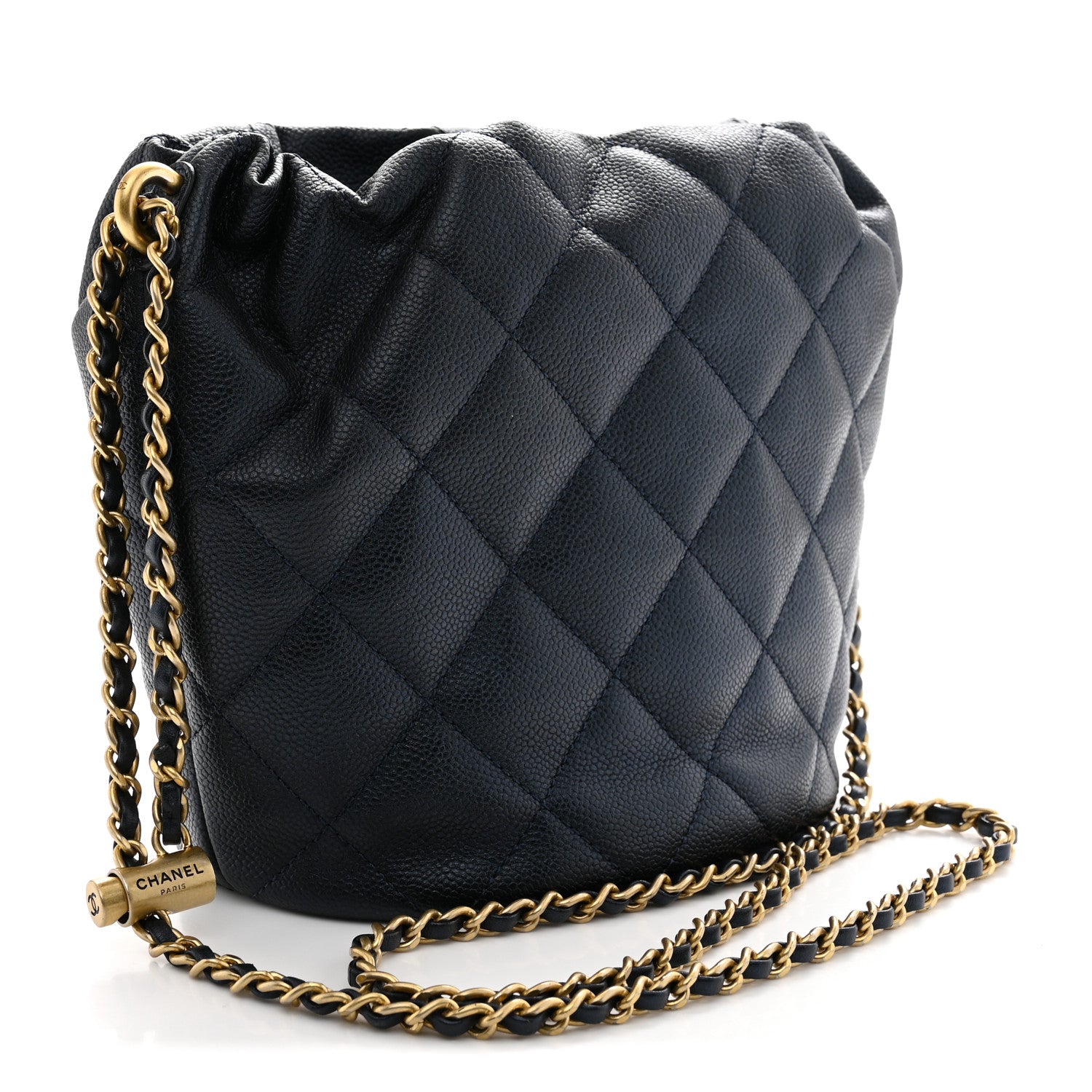 Iridescent Caviar Quilted My Perfect CC Bucket Drawstring Bag Blue