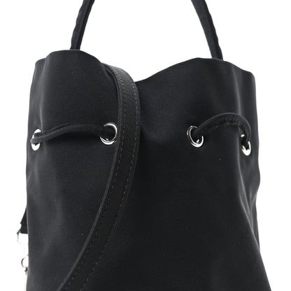 Recycled Sport Nylon Logo Embroidered Wheel Drawstring Bucket Bag Black White
