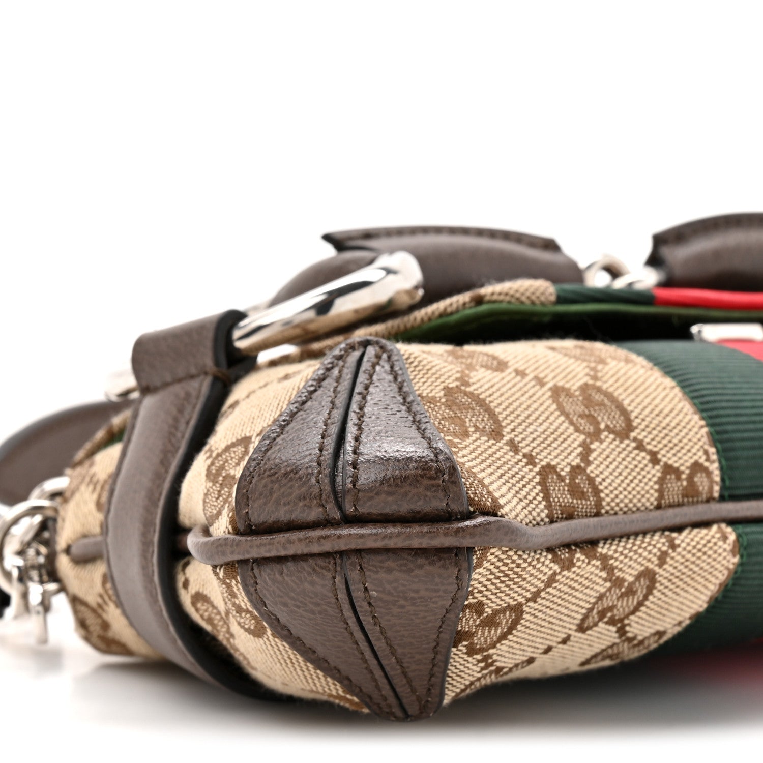 Monogram Textured Dollar Calfskin Heavy Grosgrain Web Small Maxi Horsebit Chain Shoulder Bag Beige Ebony New Acero