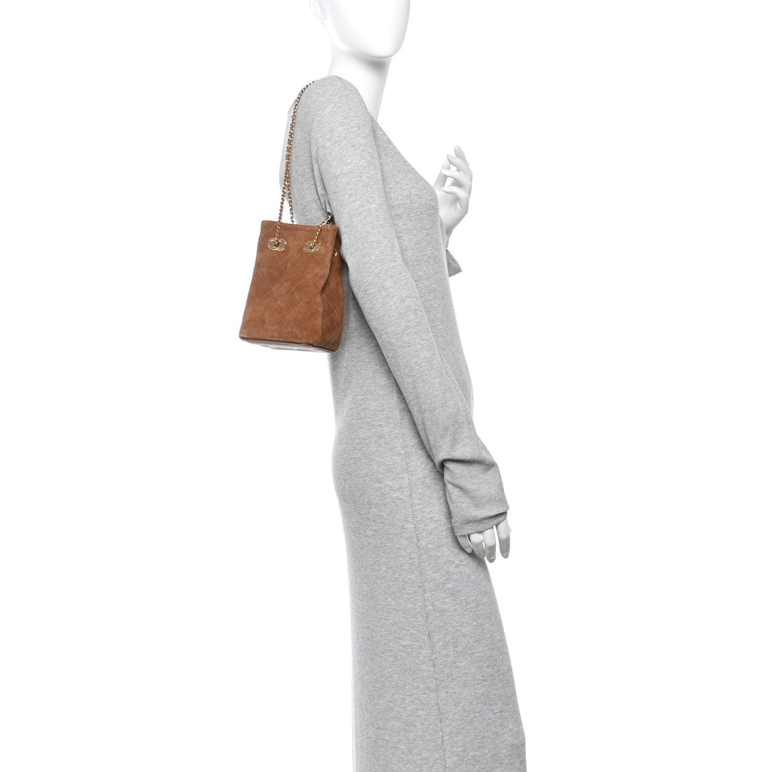 Suede Quilted Bucket Bag With Chain Camel