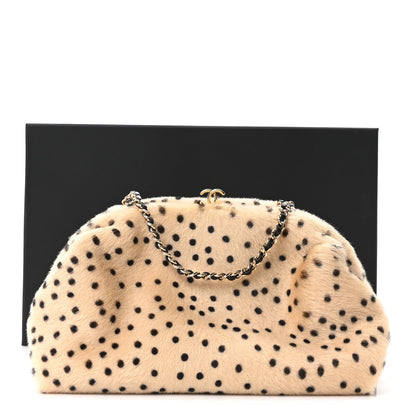Pony Hair Cheetah Printed Lambskin Clutch With Chain Beige Black
