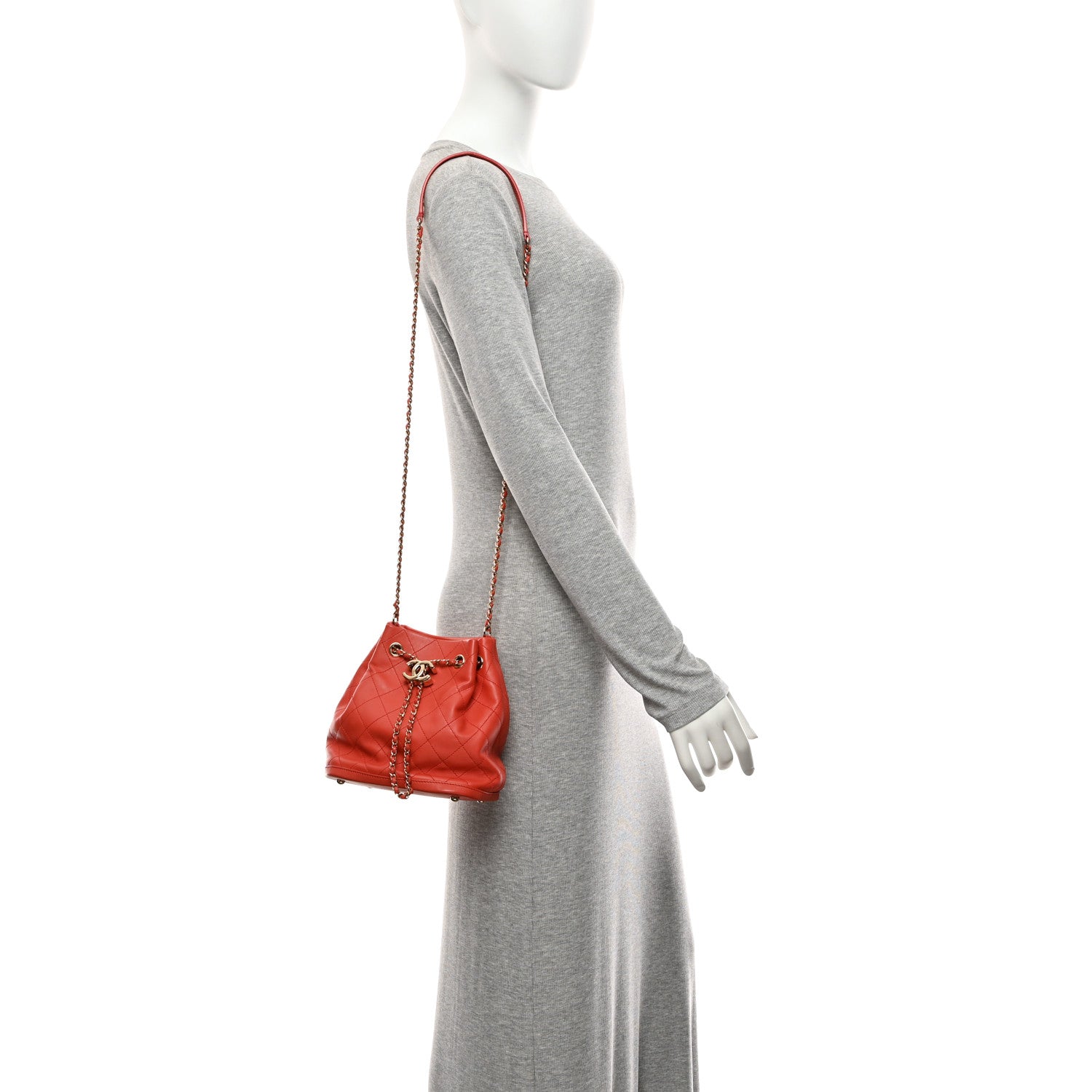 Calfskin Stitched Chain Bucket Bag Coral