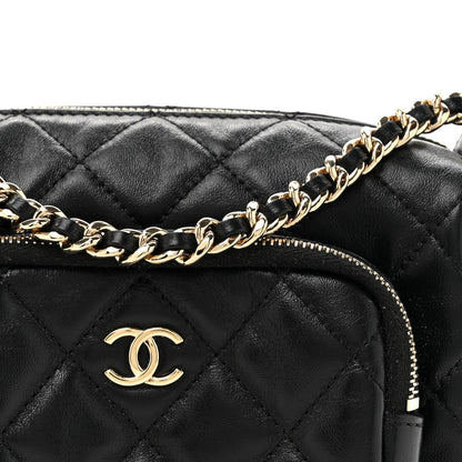 Shiny Crumpled Lambskin Quilted Small Preppy Pocket Camera Case Black