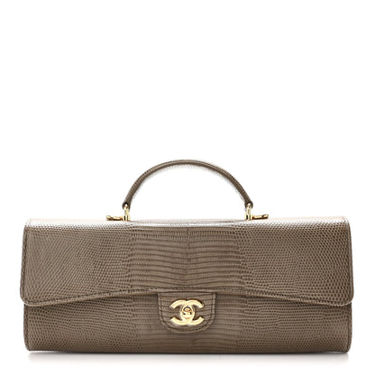 Calfskin Lizard Embossed Top Handle Long Clutch With Chain Dark Khaki