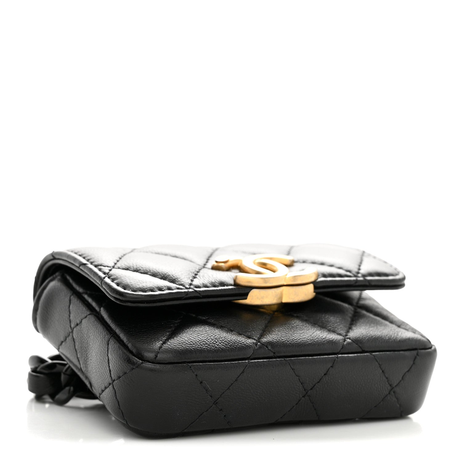 Lambskin Lacquered Metal Quilted Flap Chain Belt Bag Black