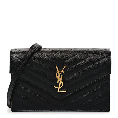 Grain De Poudre Matelasse Chevron Monogram Envelope Chain Wallet Black