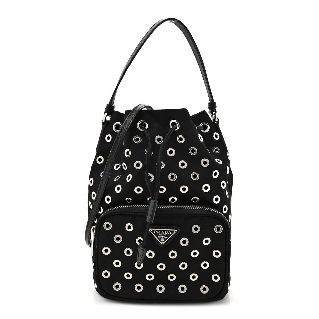 Tessuto Nylon Saffiano Grommets Mini Bucket Crossbody Bag Black
