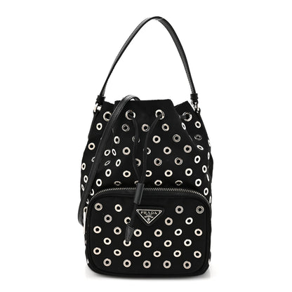 Tessuto Nylon Saffiano Grommets Mini Bucket Crossbody Bag Black