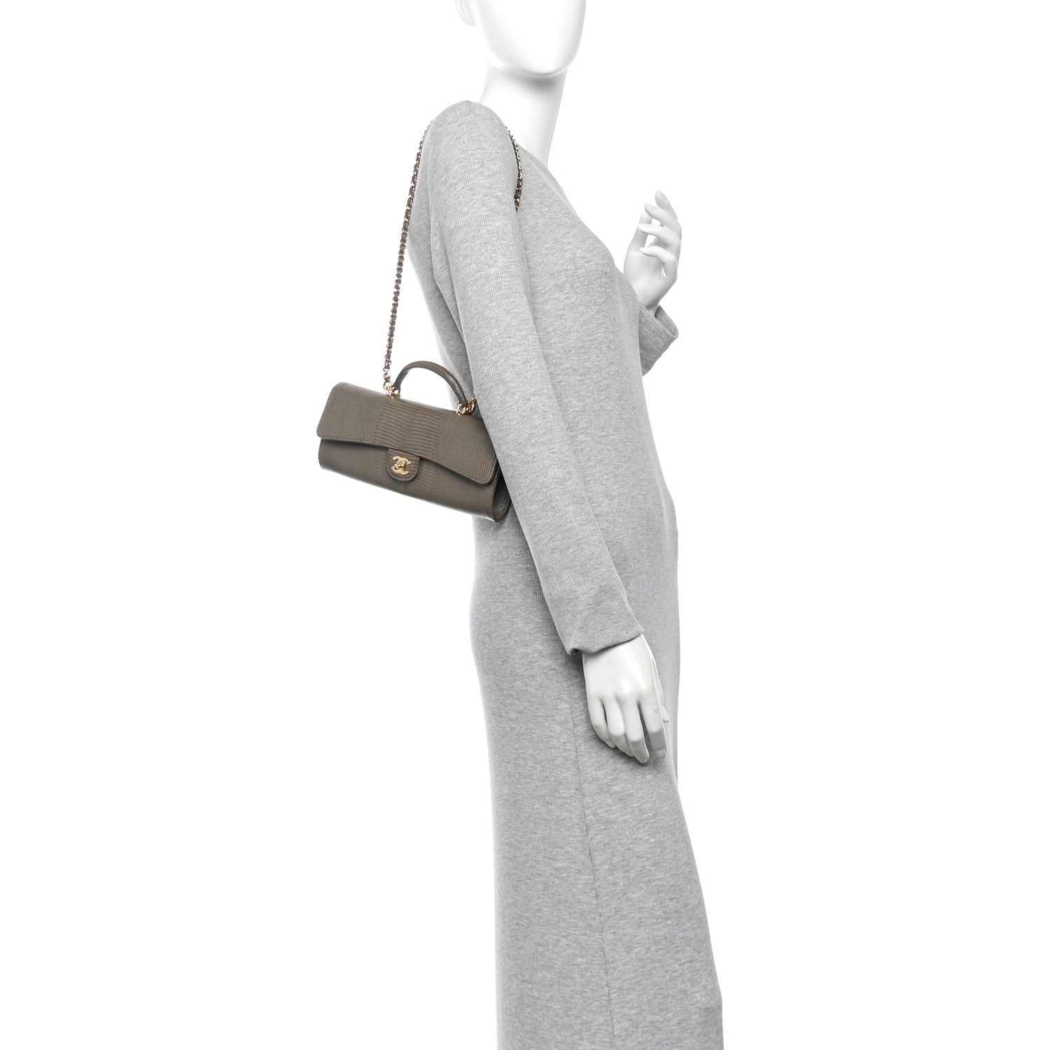 Calfskin Lizard Embossed Top Handle Long Clutch With Chain Dark Khaki