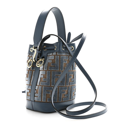 Vitello Grace Velluto FF Mini Mon Tresor Bucket Bag Dusty Blue Brown