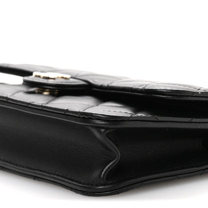 Lambskin Quilted Flap Phone Holder With Chain Black