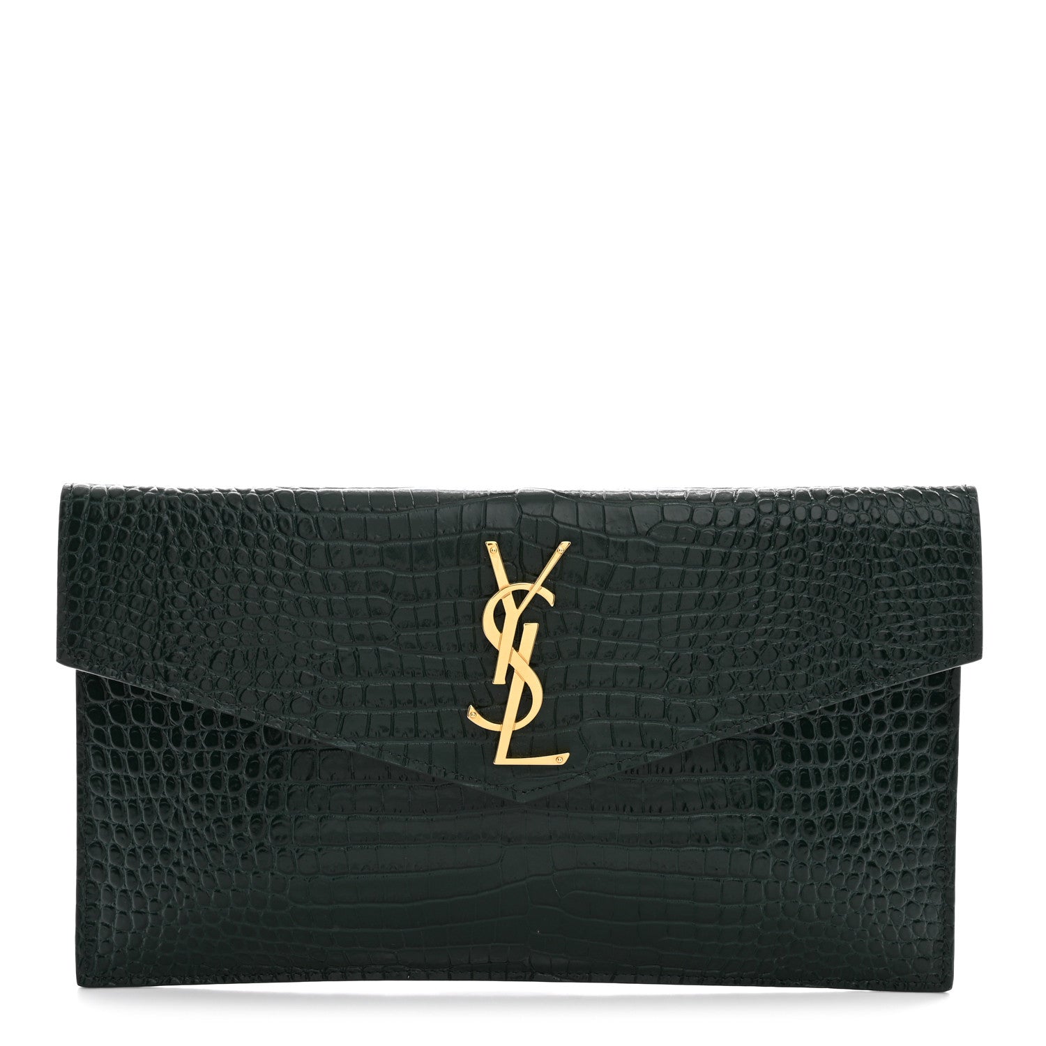 Calfskin Crocodile Embossed Uptown Monogram Clutch Dark Green