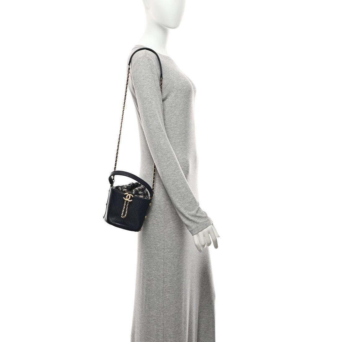 Calfskin Tweed Small CC Chain Bucket Drawstring Bag Navy Multicolor