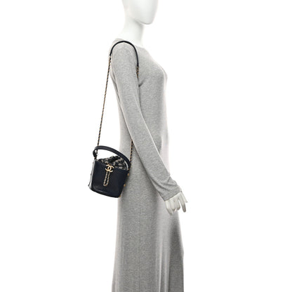 Calfskin Tweed Small CC Chain Bucket Drawstring Bag Navy Multicolor