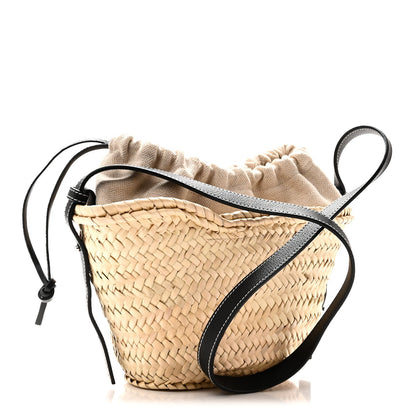 Leaf Palm Calfskin Drawstring Bucket Bag Natural Black