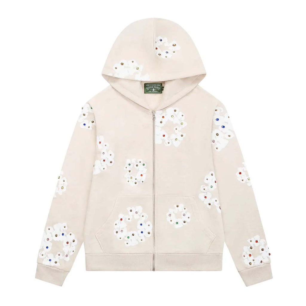 Denim Tears Rhinestone Wreath Zip Hoodie 'Oatmeal'