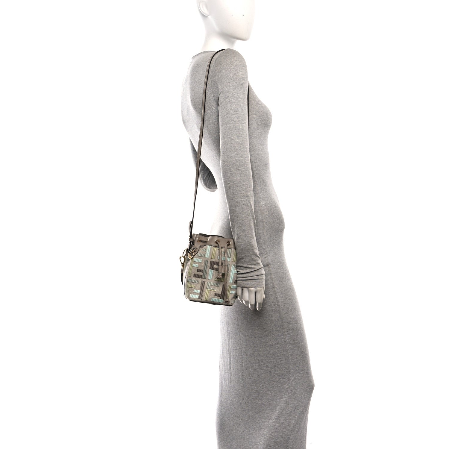 Canvas Vitello King FF Embroidered Mini Mon Tresor Bucket Bag Matcha Milk Dove