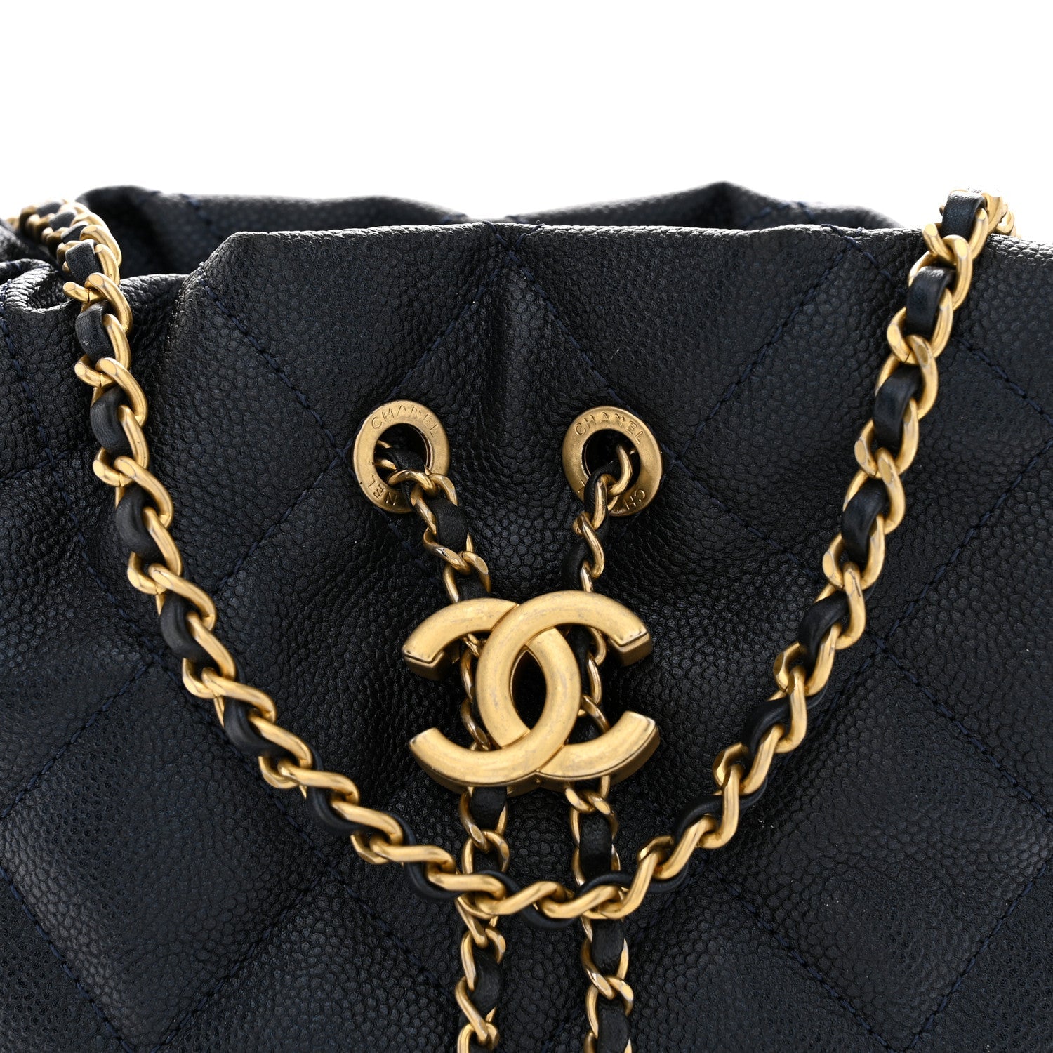 Iridescent Caviar Quilted My Perfect CC Bucket Drawstring Bag Blue