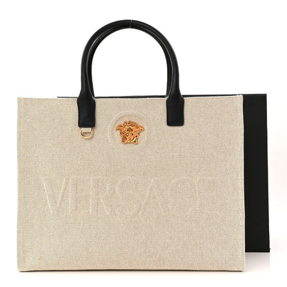 Canvas Calfskin Large La Medusa Tote Bag Beige