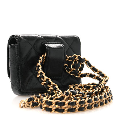 Lambskin Quilted Flap Chain Belt Bag Black