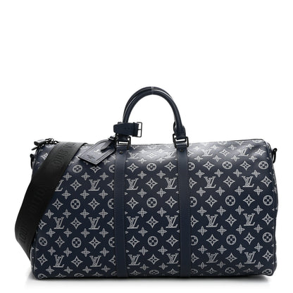 Calfskin Shadow Monogram Keepall Bandouliere 50 Ink Blue White