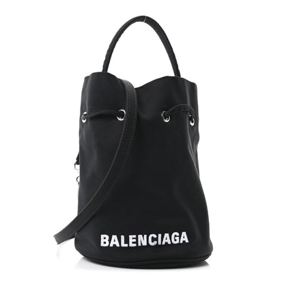 Recycled Sport Nylon Logo Embroidered Wheel Drawstring Bucket Bag Black White