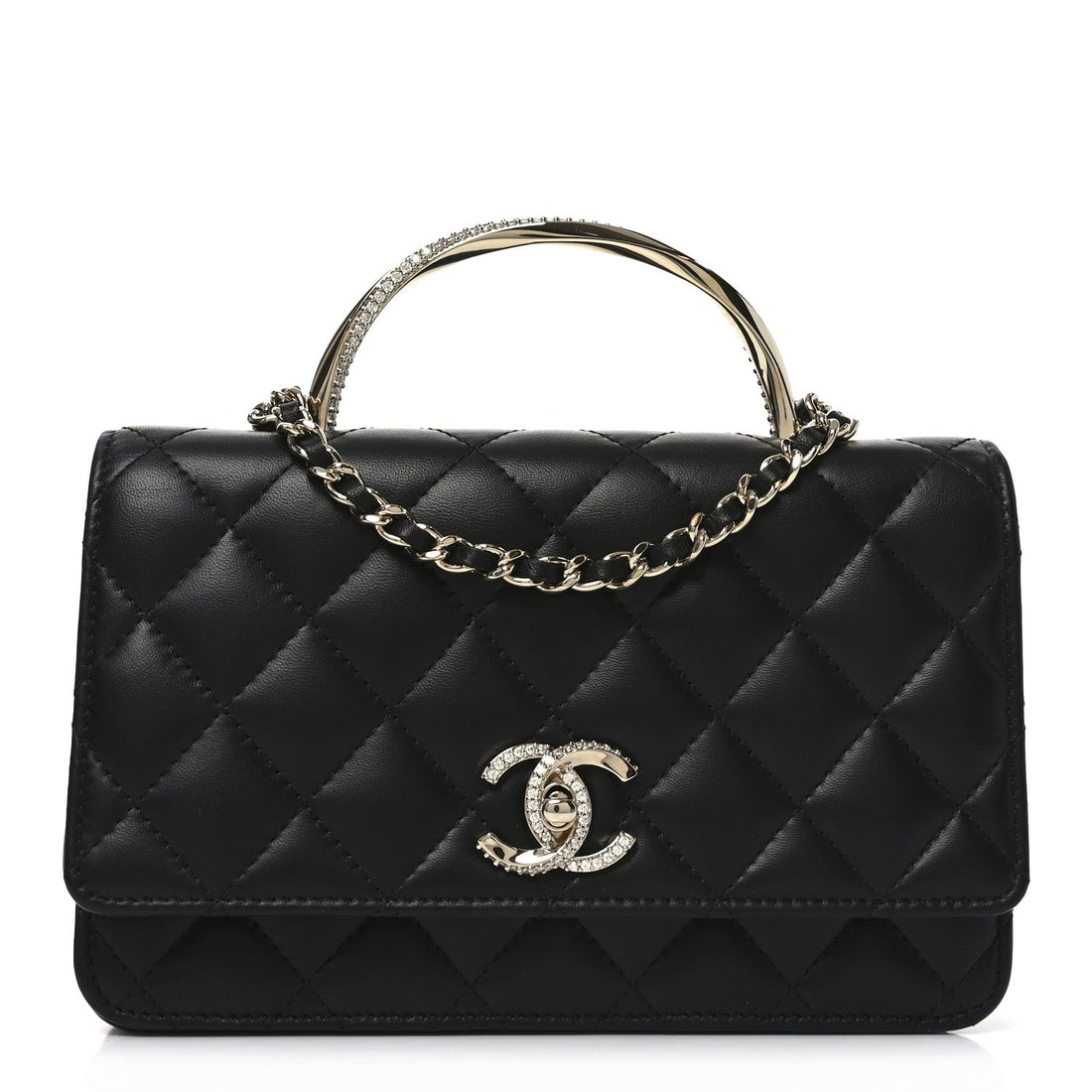 Lambskin Quilted Crystal Handle Wallet On Chain WOC Black