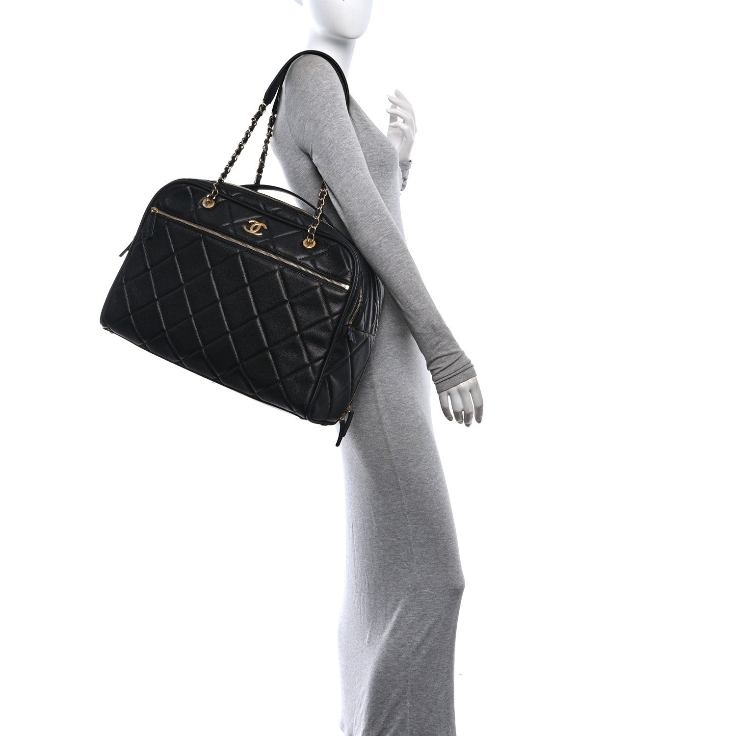 Shiny Grained Calfskin Quilted Travel Bowling Bag Black