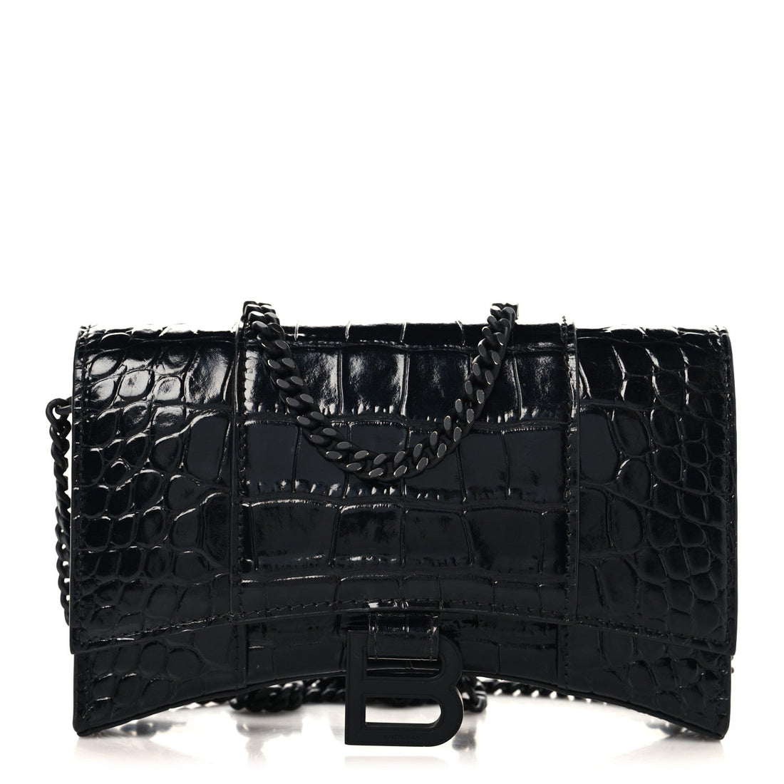 Shiny Calfskin Monochrome Crocodile Embossed Hourglass Chain Bag Black