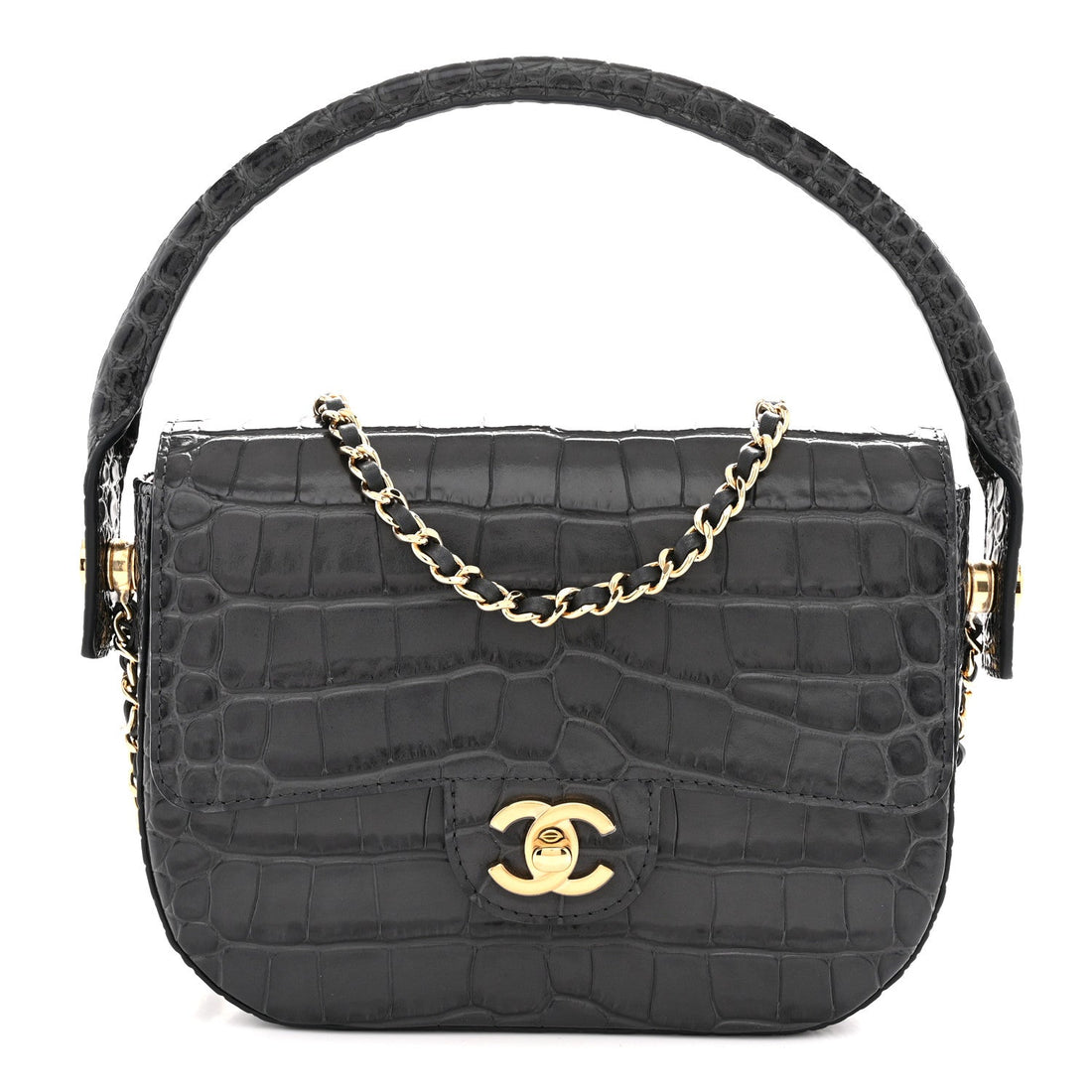 Calfskin Crocodile Embossed Turn Around Mini Flap Dark Grey Dark Grey