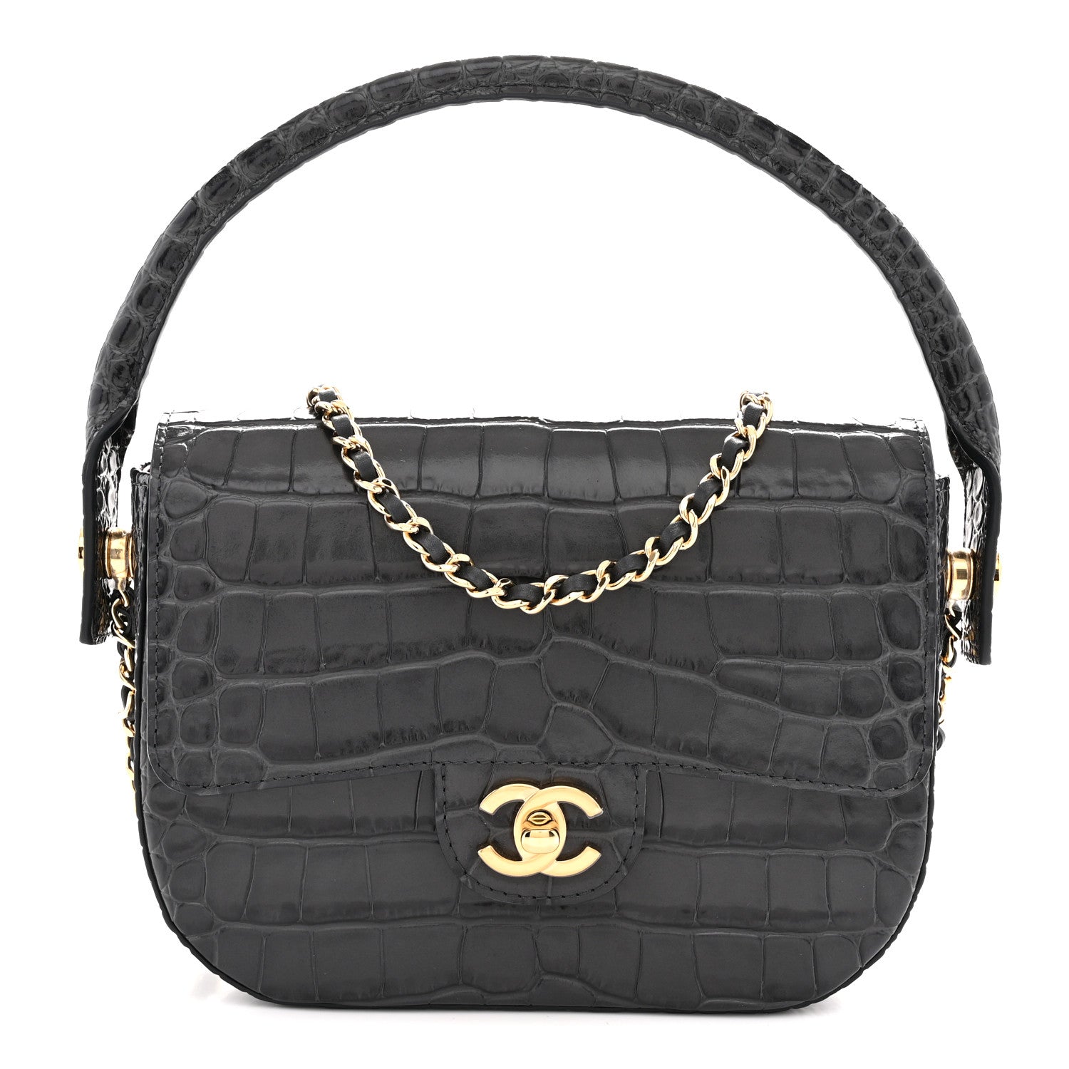 Calfskin Crocodile Embossed Turn Around Mini Flap Dark Grey Dark Grey